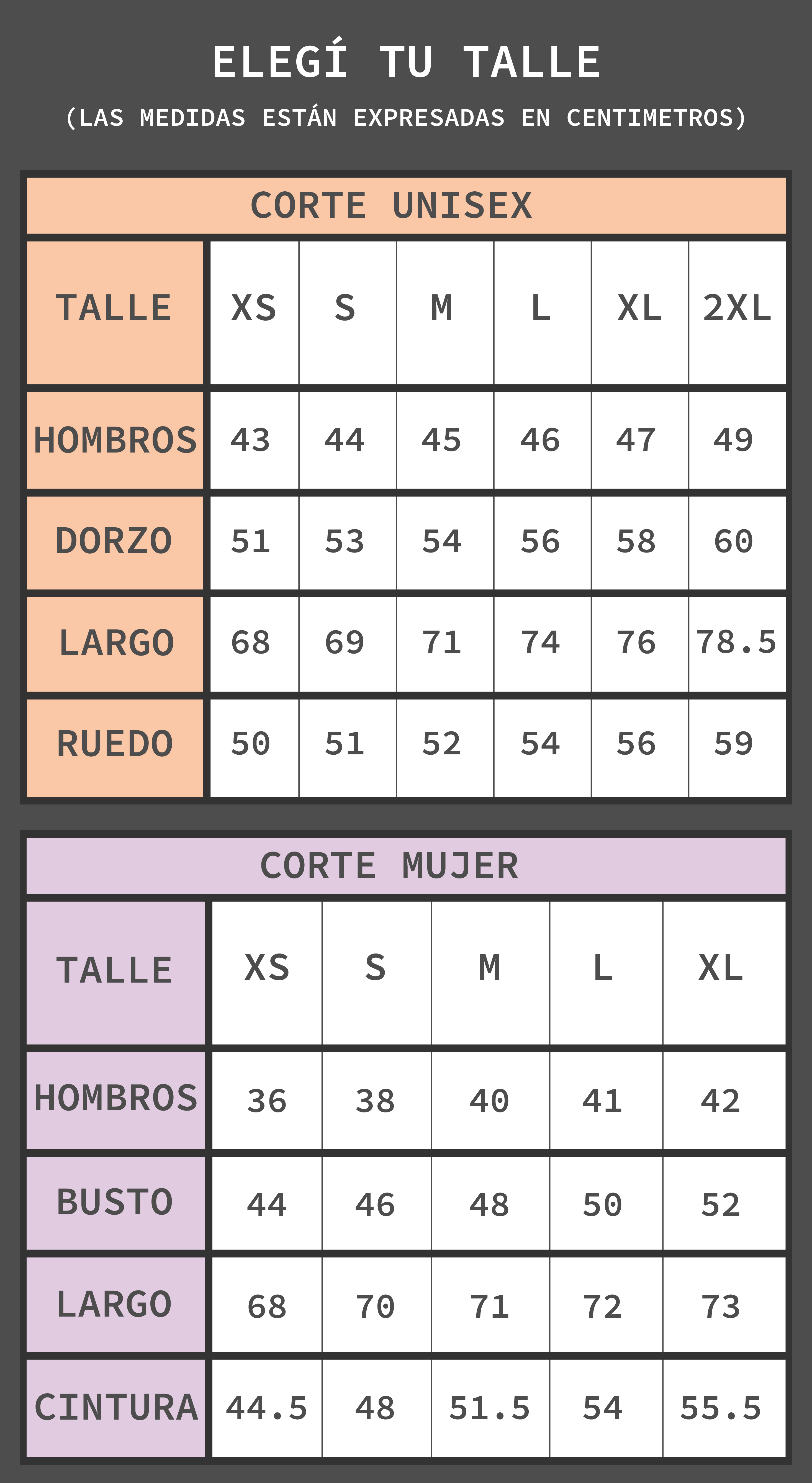 Tabla de talles remera unisex apostol indumentaria
